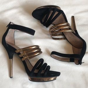 BCBG Strappy Black/Gold Stilettos